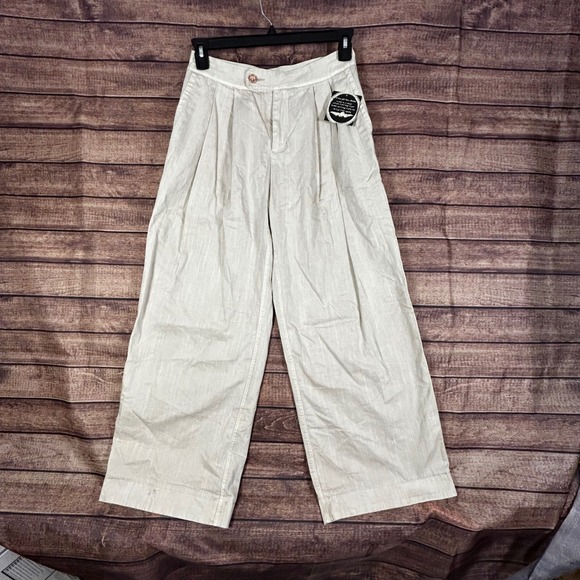 Free People Pants - Free People Women Oatmeal Herringbone Wide Leg Pleated Trousers Pants Size 2